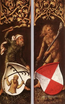 アルブレヒト・デューラー Painting - 紋章入りの盾を持つ森の男たち アルブレヒト・デューラー